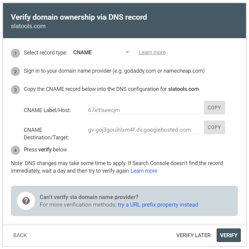 Verifikasi rekaman Cname Google Search Console